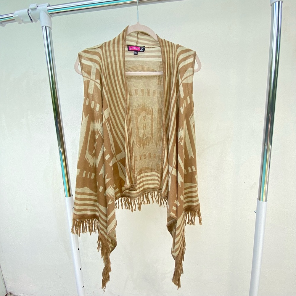 Y2K Tan Southwestern Fringe Vest Size Large